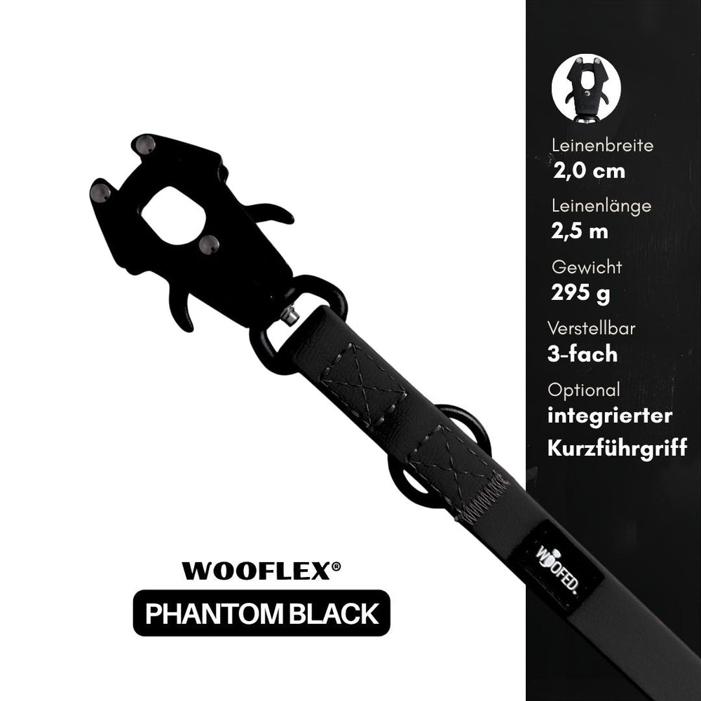 Schwarze WOOFLEX® Hundeleine mit Froschkarabiner, 2,0 cm breit, 2,5 m lang und dreifach verstellbar.