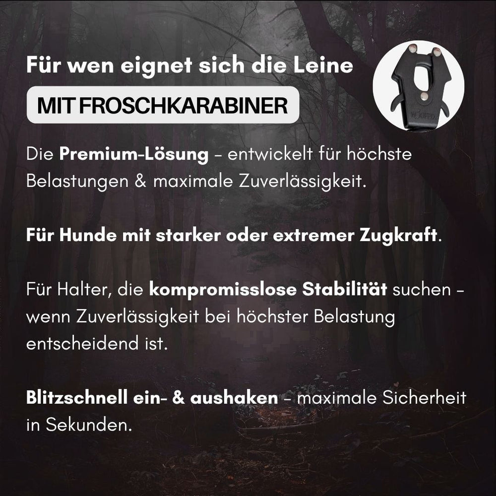 Verstellbare Hundeleine WOOFLEX® mit Froschkarabiner für starken Zug, hohe Zuverlässigkeit und Stabilität.