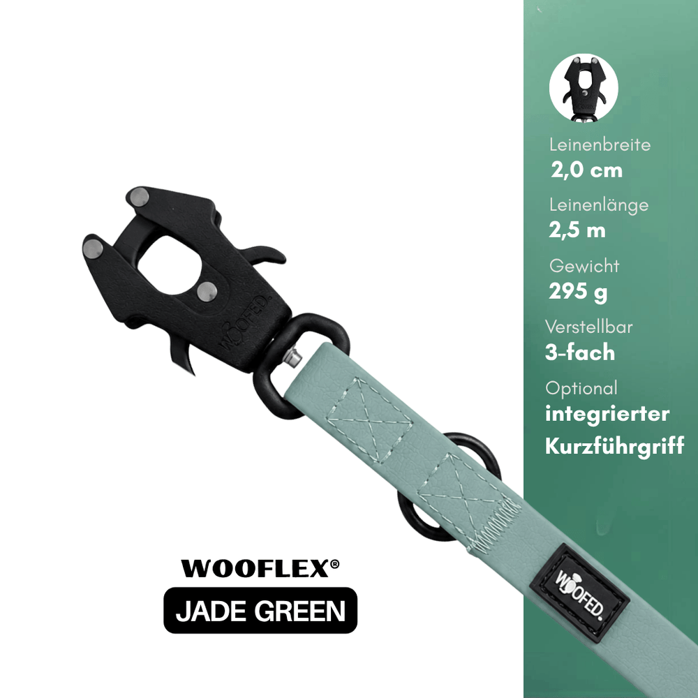 Hundeleine WOOFLEX® in Jadegrün, 2,0 cm breit, 2,5 m lang, mit Froschkarabiner und einem Gewicht von 295 g.