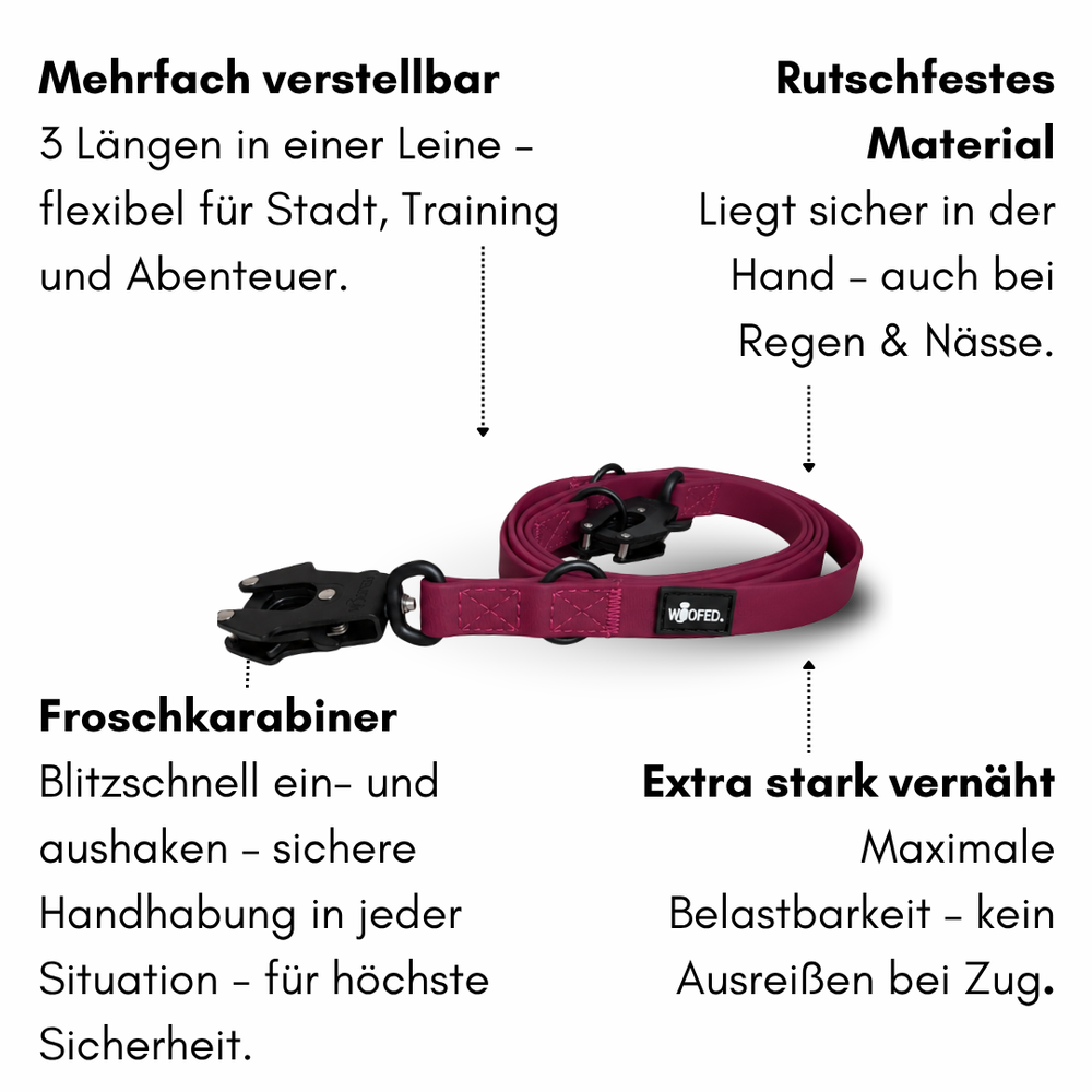 Verstellbare WOOFLEX® Hundeleine mit Froschkarabiner in kräftiger Farbe, rutschfest und für verschiedene Aktivitäten geeignet.