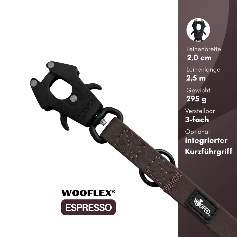 Hundeleine WOOFLEX® Froschkarabiner in Espresso, 2 cm breit, 2,5 m lang, leicht und robust, ideal für Hunde.