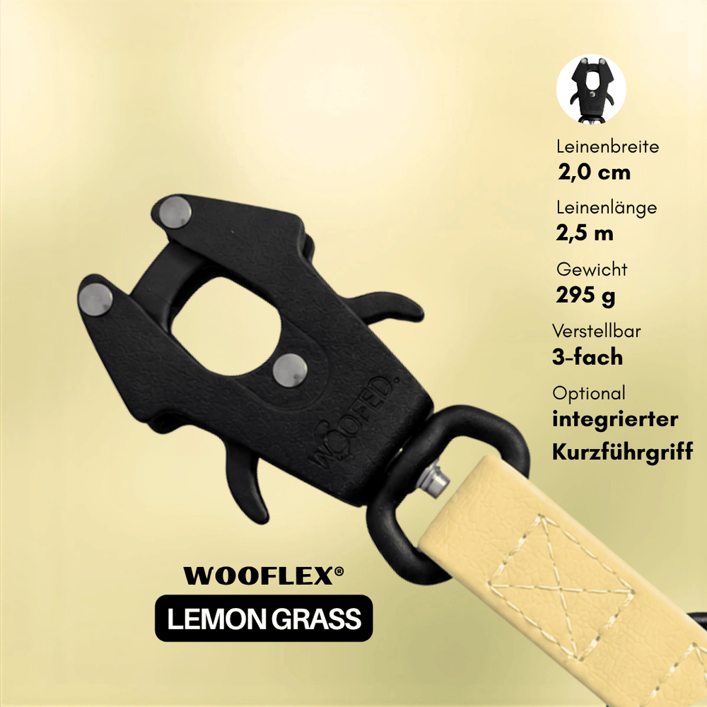 Schwarzer verstellbarer Hundeleinenverschluss WOOFLEX® Froschkarabiner mit 2,0 cm Breite und 2,5 m Länge.