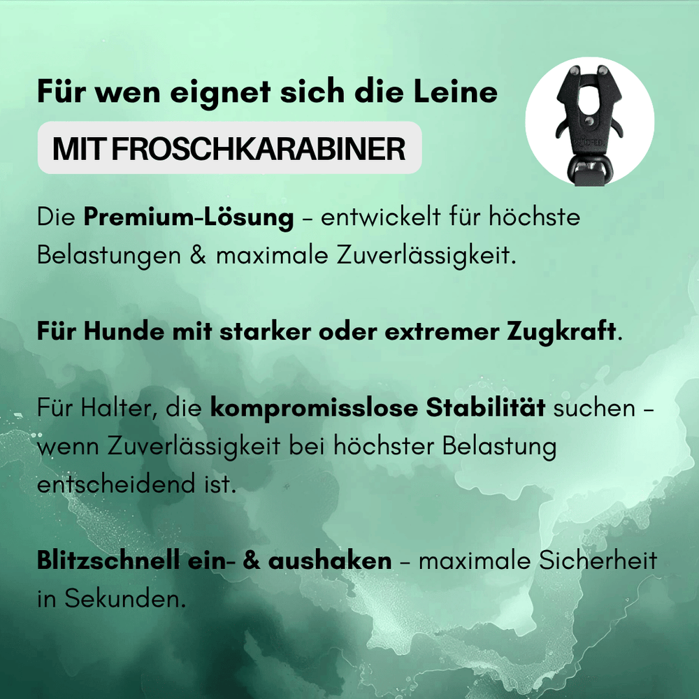 Führleine WOOFLEX® mit Froschkarabiner, ideal für Hunde mit starker Zugkraft, bietet hohe Stabilität und Sicherheit.