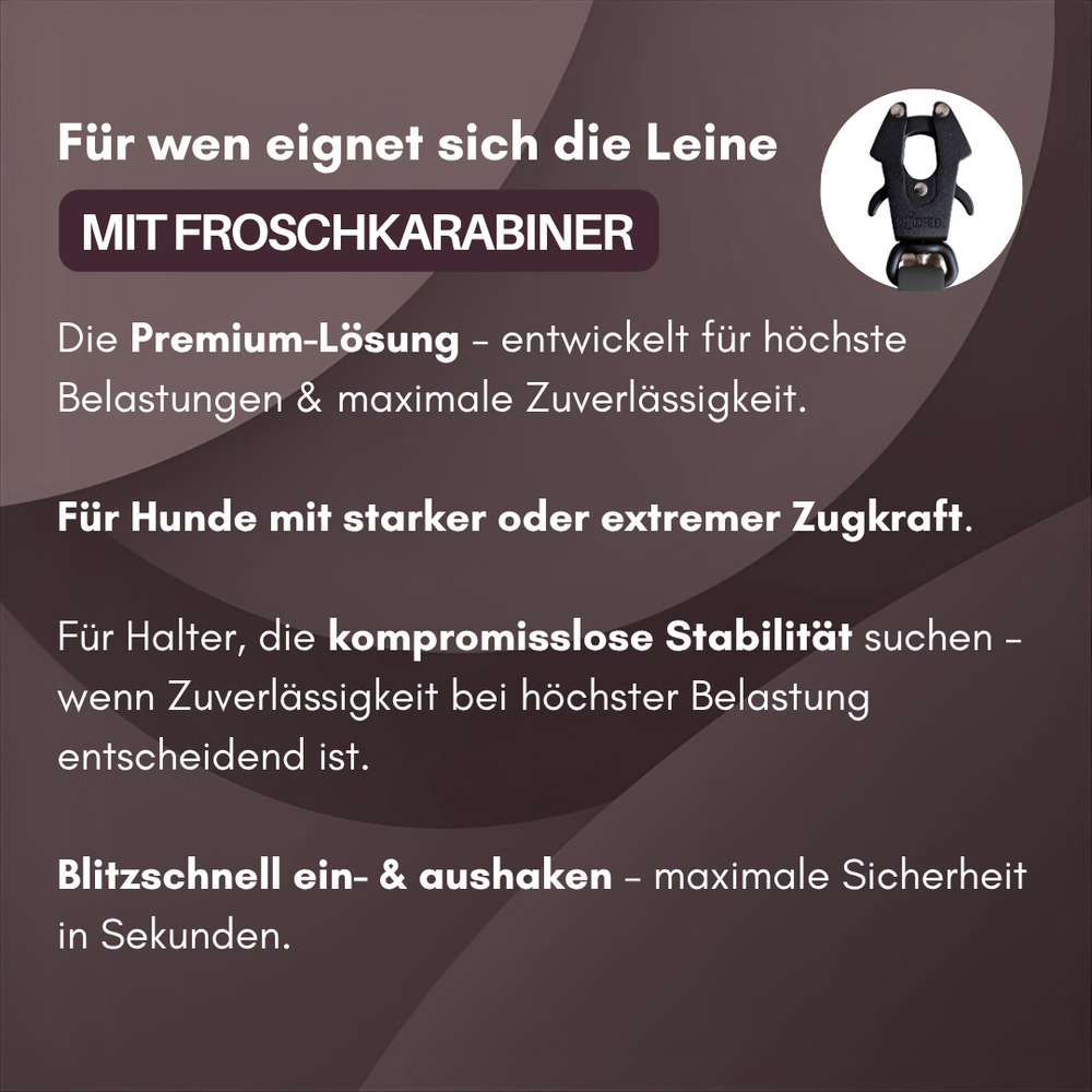 Hundeleine WOOFLEX® mit Froschkarabiner für starke Zugkraft und zuverlässige Stabilität beim Gassi gehen.