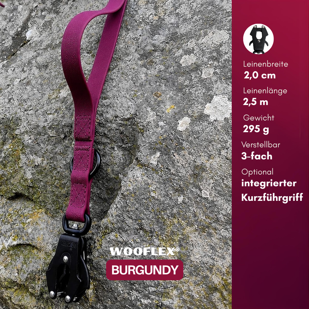 Burgunderrote WOOFLEX® Hundeleine mit Froschkarabiner, 2,0 cm breit und 2,5 m lang, ideal für den täglichen Auslauf.