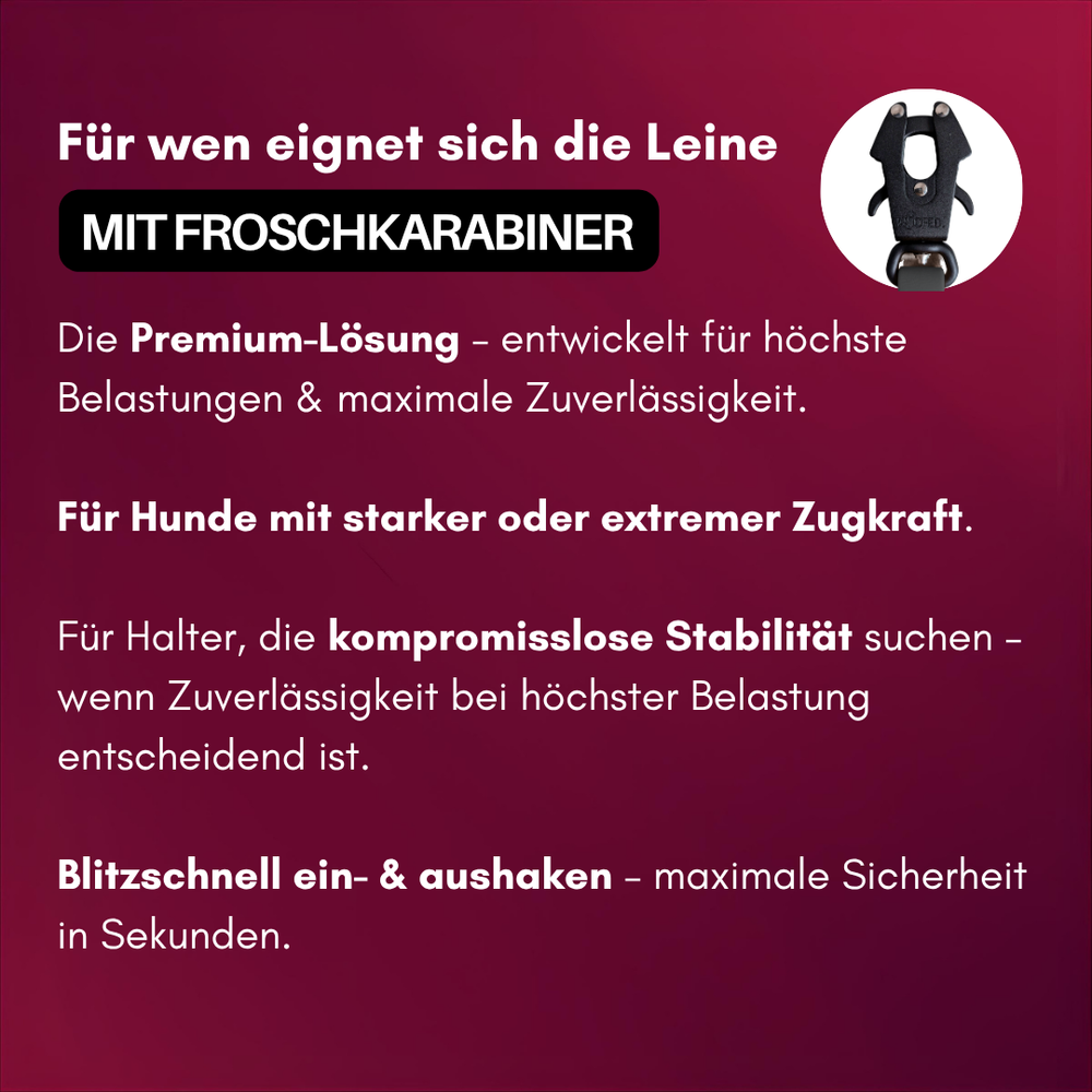 Führleine WOOFLEX® mit Froschkarabiner, ideal für kräftige Hunde, bietet Stabilität und Zuverlässigkeit.