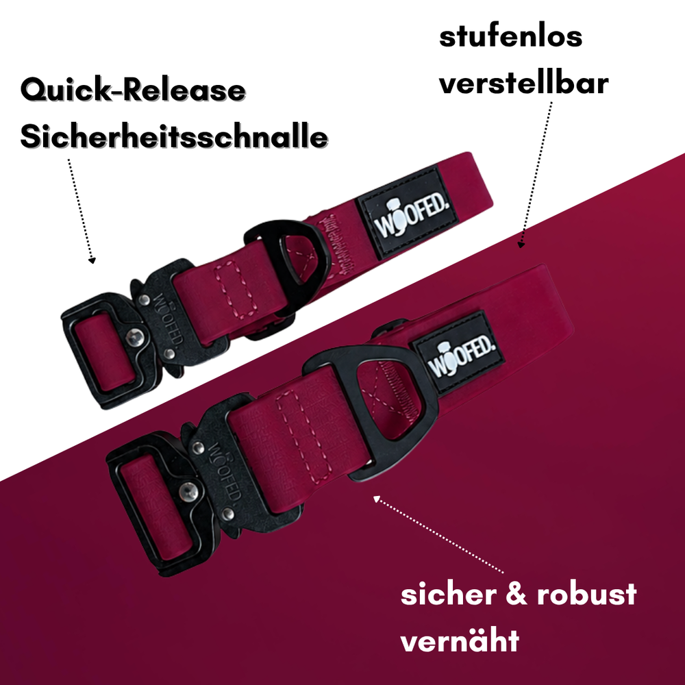 Rotes WOOFLEX® Tactical Halsband, verstellbar mit Quick-Release-Schnalle und robustem Design für Hunde.