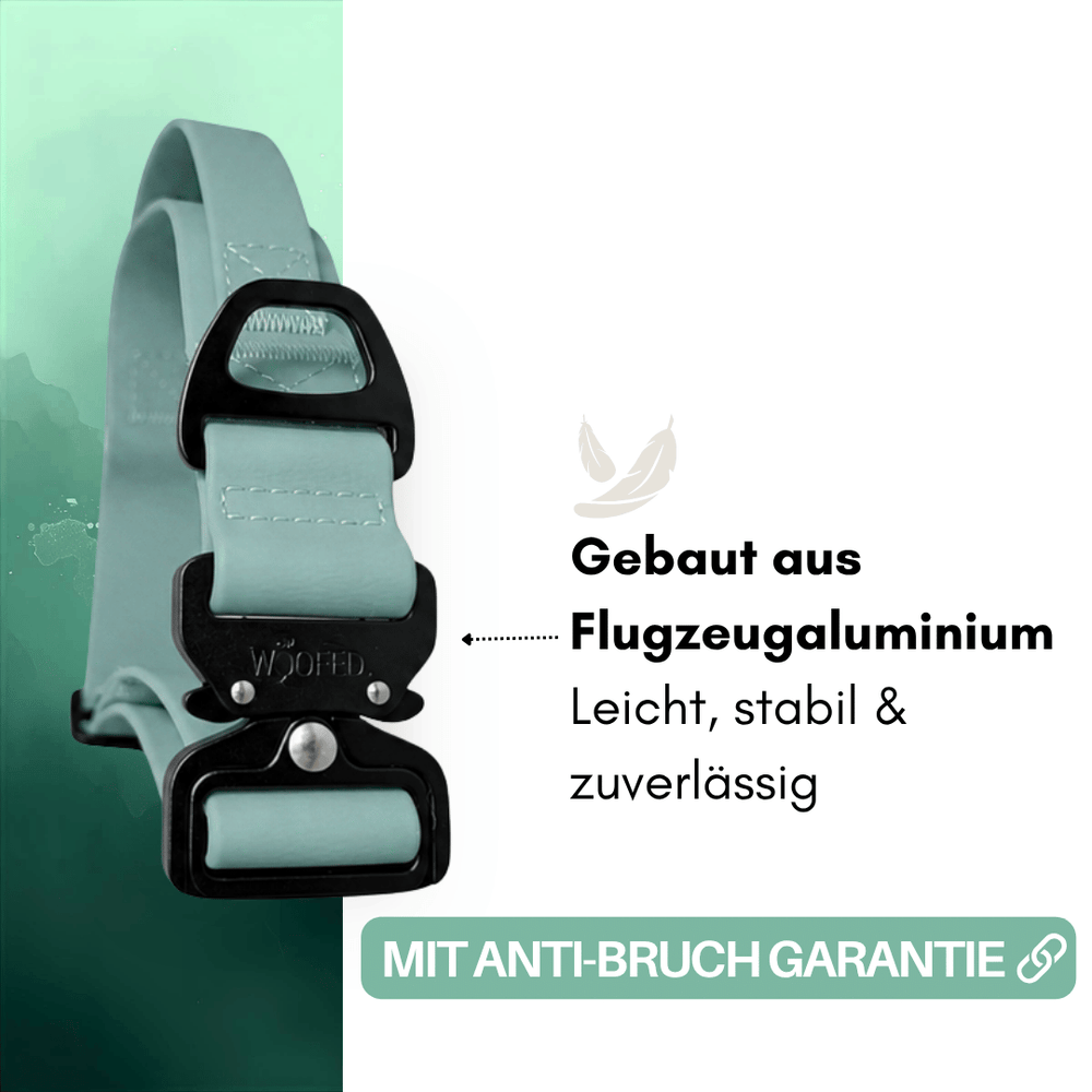 Verstellbares WOOFLEX® Halsband in mintgrün mit Griff und robusten Schnallen aus Flugzeugaluminium. Ideal für aktive Hunde.