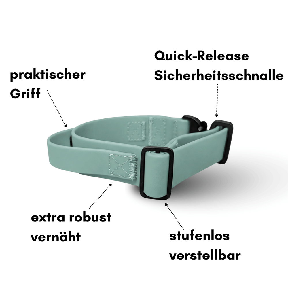 Verstellbares mintgrünes Halsband WOOFLEX® mit Griff und Sicherheitschnalle, robust und stufenlos einstellbar.
