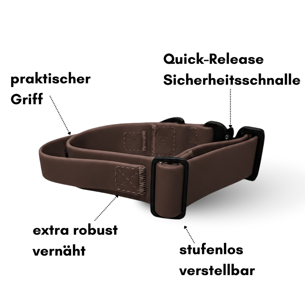Verstellbares Halsband WOOFLEX® in Braun mit Griff und Quick-Release Schnalle, stabil und individuell anpassbar.