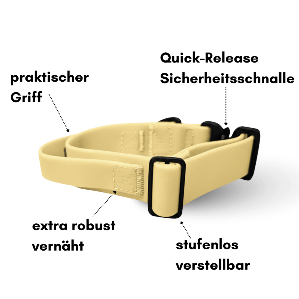 Verstellbares Halsband WOOFLEX® in Beige mit Griff und Quick-Release Schnalle für optimale Anpassung und Robustheit.