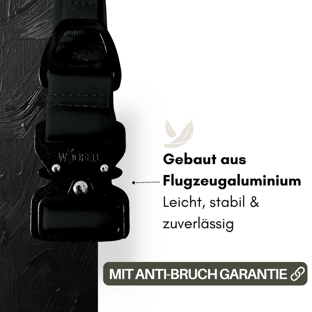 Verstellbares WOOFLEX® Halsband mit Froschkarabiner aus leichtem, stabilem Flugzeugaluminium und Anti-Bruch-Garantie.