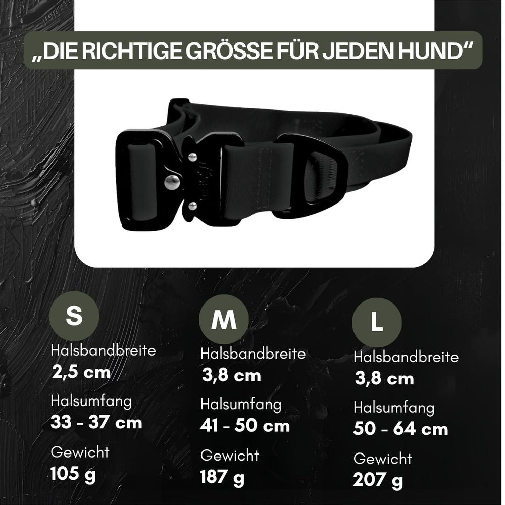 Verstellbares WOOFLEX® Hundehalsband in S, M, L mit Maßangaben für optimale Passform und Komfort.