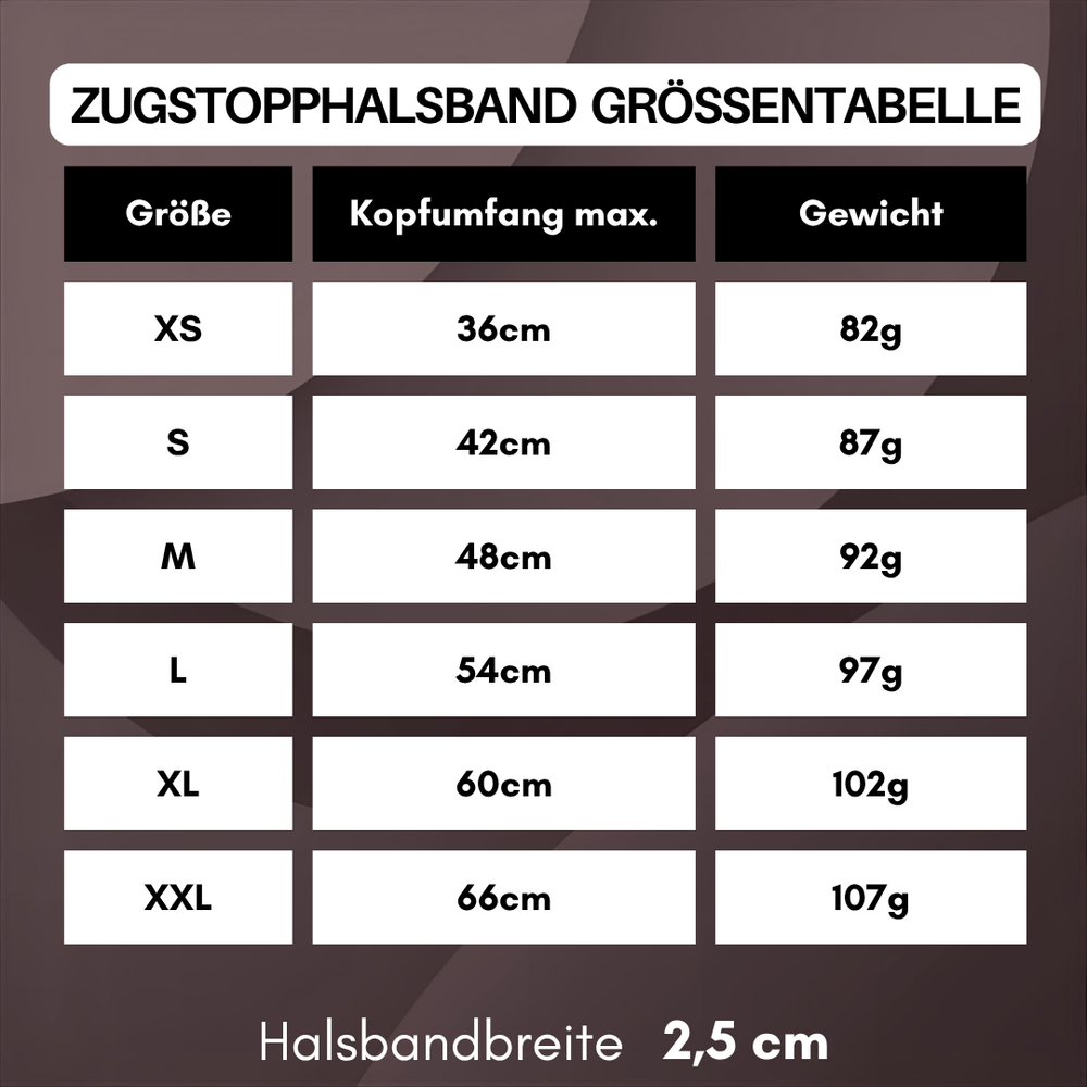 Größentabelle für WOOFLEX® Zugstopphalsband mit maximalen Kopfumfängen und Gewichten von XS bis XXL.
