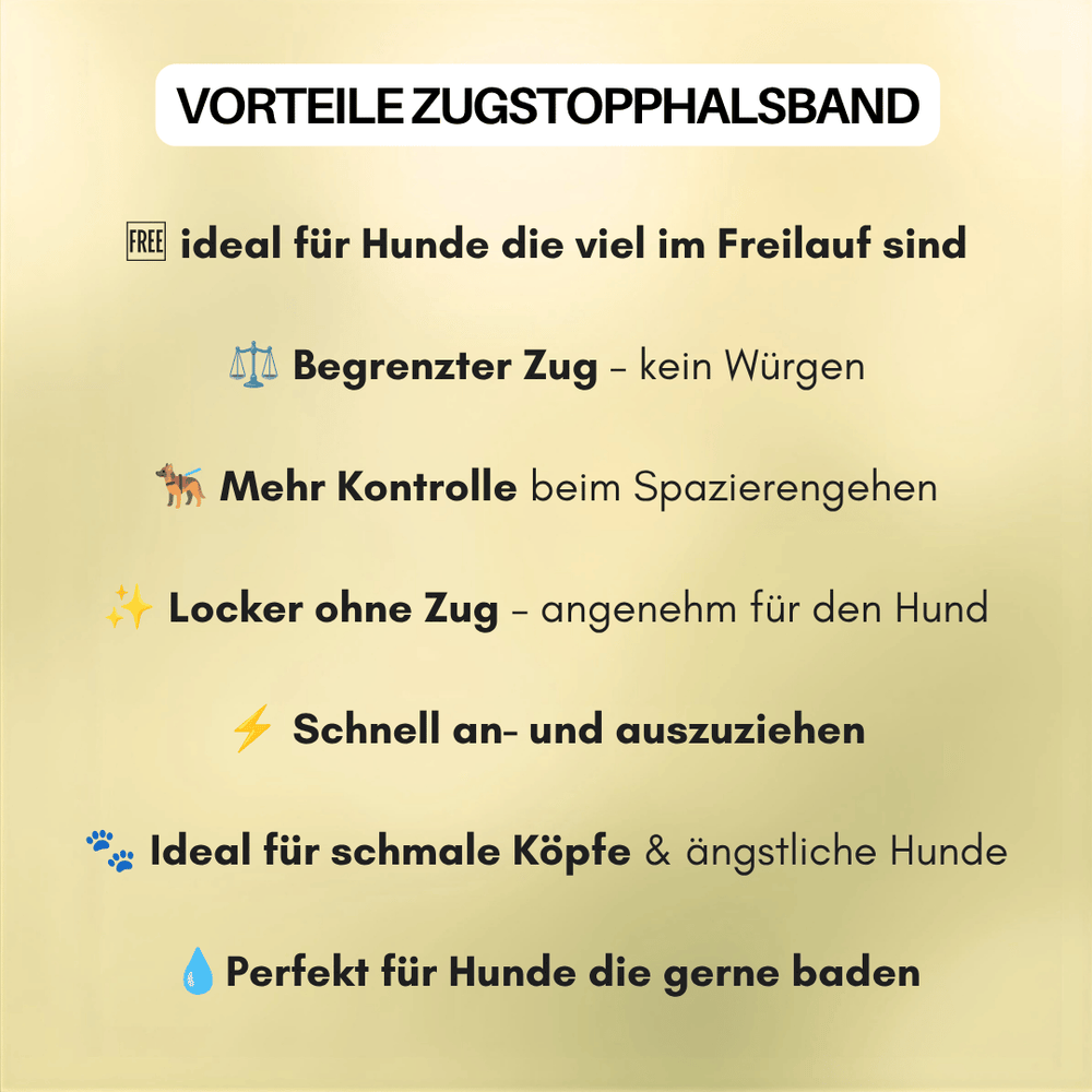 Übersicht der Vorteile des WOOFLEX® Zugstopphalsbands für Hunde: Kontrolle, begrenzter Zug und Ideal für Freiläufer.