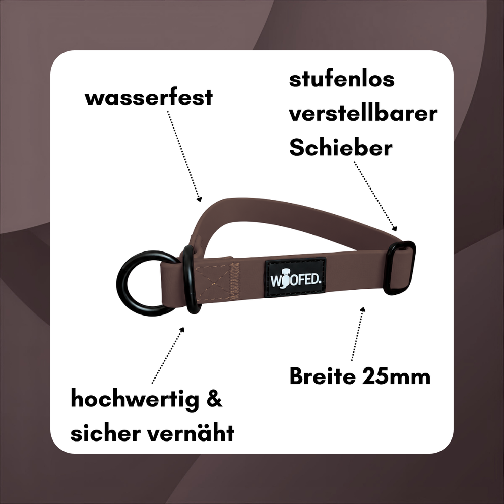 Braunes wasserdichtes Zugstopphalsband WOOFLEX® mit stufenlos verstellbarem Schieber, 25 mm breit und sicher vernäht.
