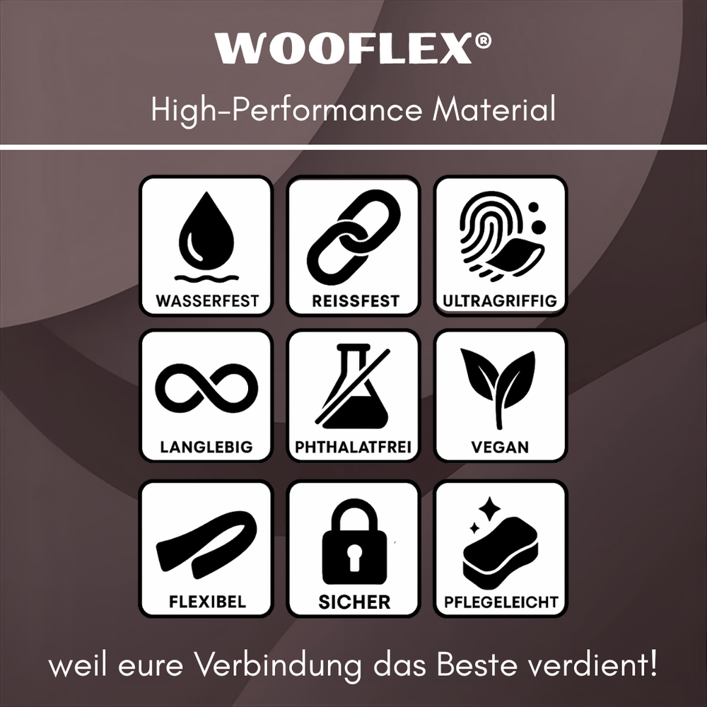 Logo von WOOFLEX in neun Feldern, die wasserfeste, reißfeste und langlebige Eigenschaften des 4fach-verstellbaren Hundegeschirrs zeigen.