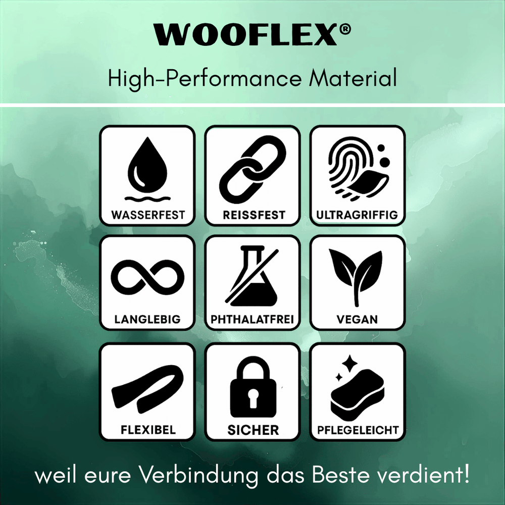 Produktlogo der WOOFLEX® Classic Umhängeleine mit Eigenschaften: wasserfest, reißfest, ultragriffig.