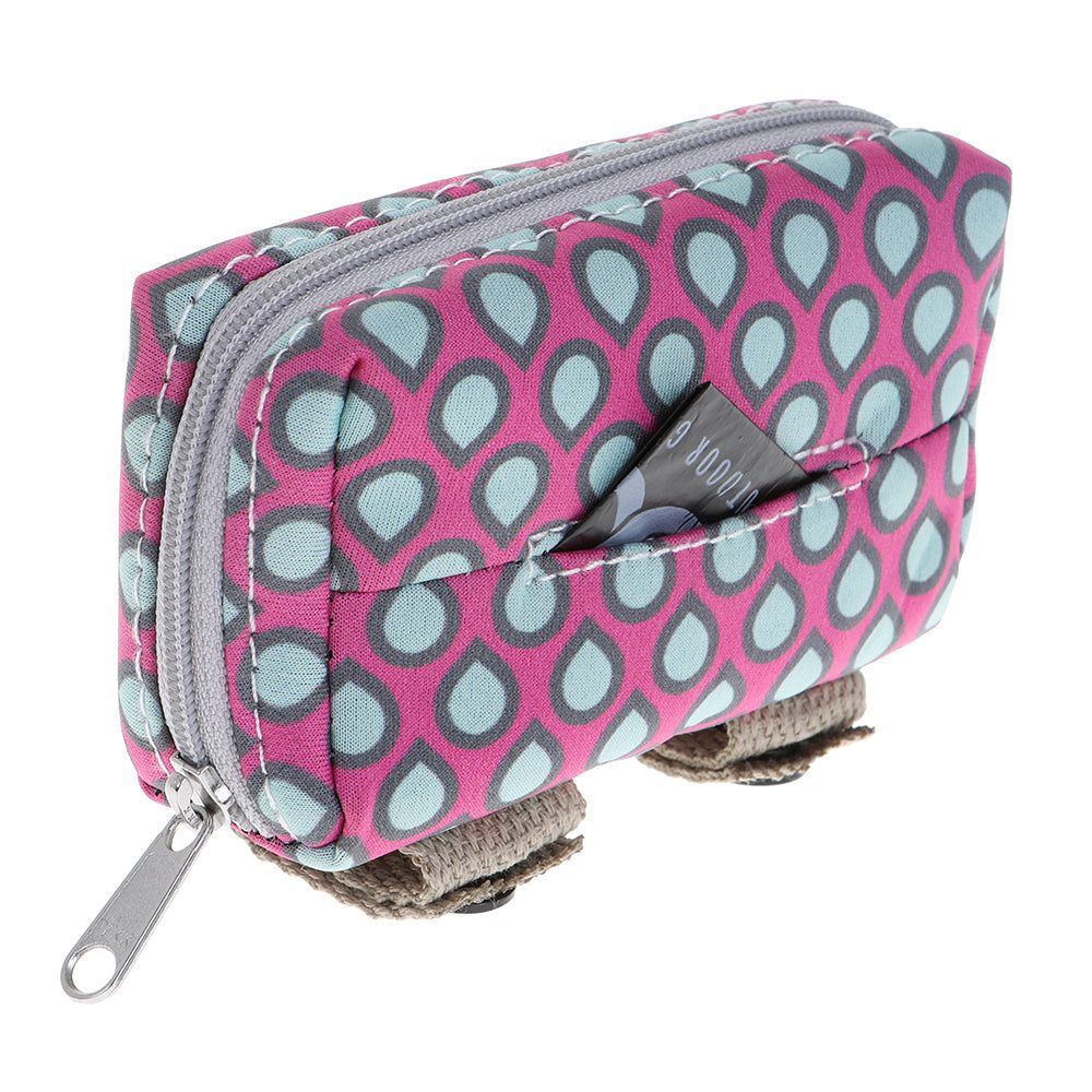 Bunte DOOG Kotbeutel-Tasche mit Tropfenmuster, Reißverschluss und Schlaufen für einfaches Befestigen.