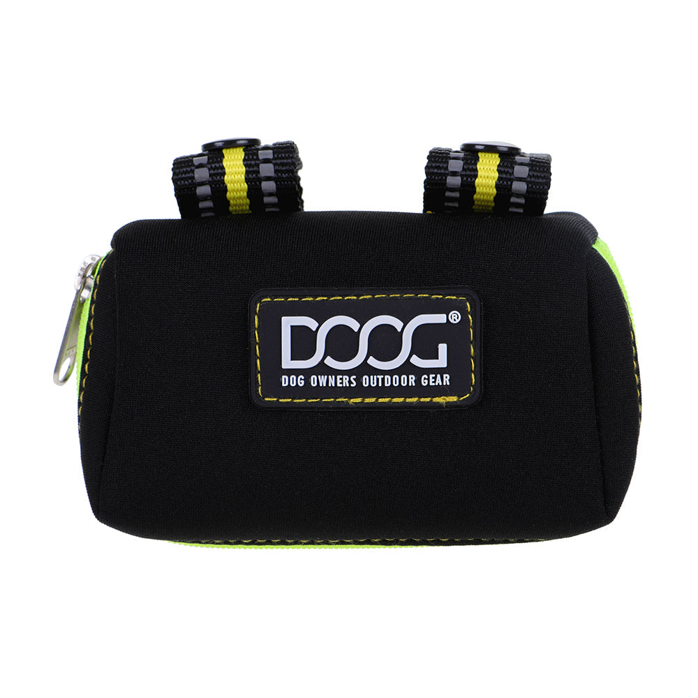 Schwarze DOOG Kotbeutel-Tasche mit gelben und grünen Akzenten, zwei Griffen und Reißverschluss.