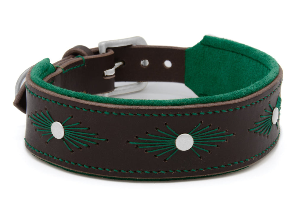 Braunes Lederhundehalsband WOODSTOCK mit grüner Ziernaht und weißen Metallakzenten, innen mit grünem Stoff.