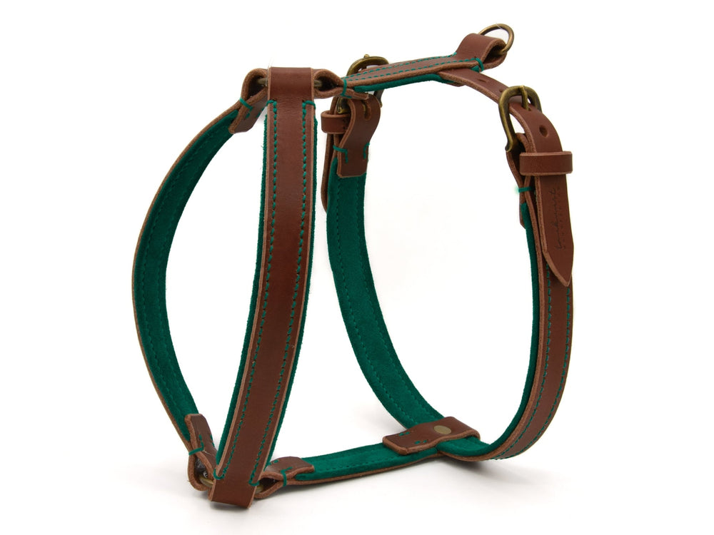 Hochwertiges Hundegeschirr aus braunem Leder mit tealfarbener Innenseite und sorgfältigen Nähten für optimalen Tragekomfort.