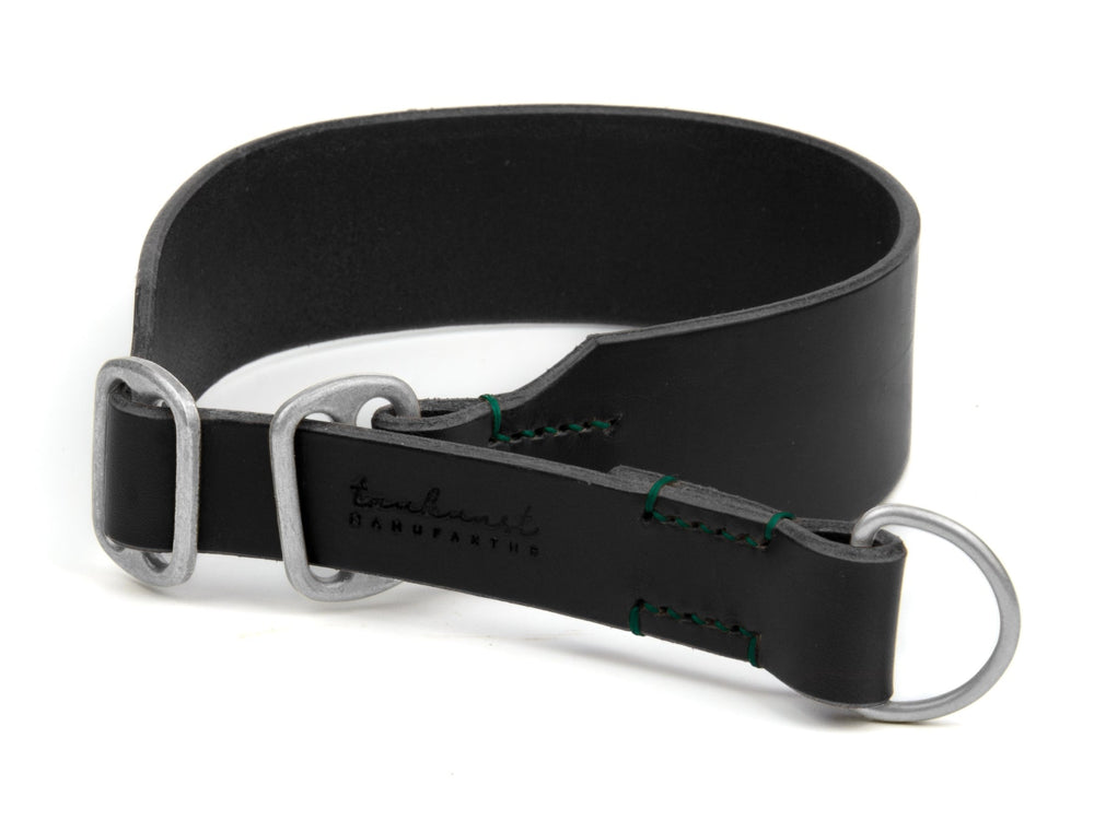 Schwarzes Lederhalsband mit grünen Nähten und silbernen Ringen, schlichtes und elegantes Design für Hunde.