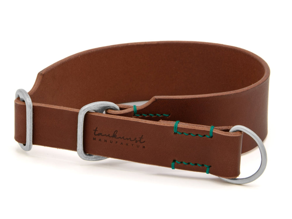Schmaler, brauner Lederhalsband mit geprägter Aufschrift und grüner Naht, ausgestattet mit silbernen Metallringen.