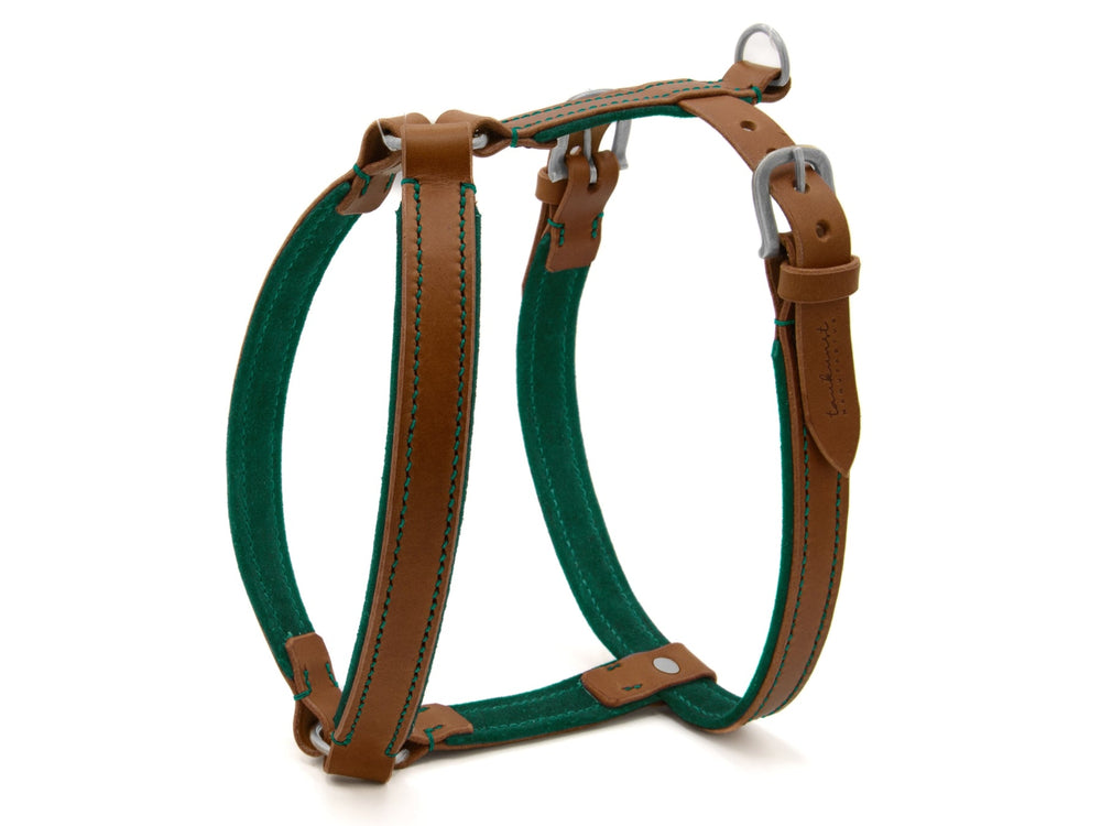 Hundegeschirr WILDFANG aus braunem Leder und grünem Textil mit silberfarbenen Schnallen und D-Ringen. Robust und stylish.