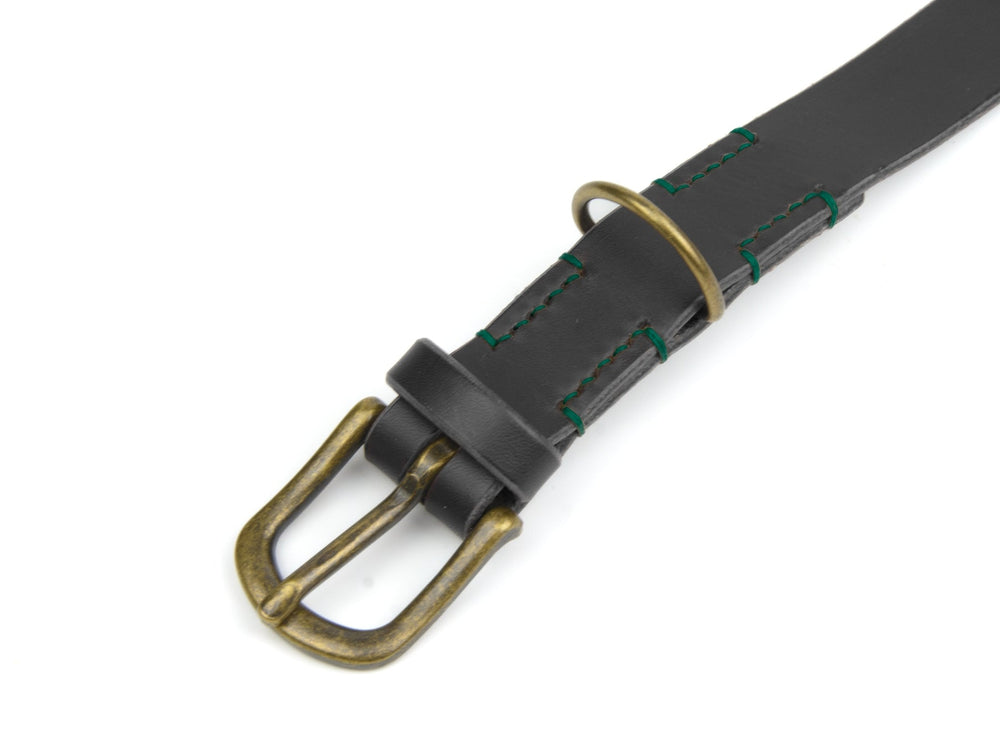 Schwarzes Lederhalsband 'Waldgeist' mit grünen Nähten und bronzefarbener Schnalle auf weißem Hintergrund.