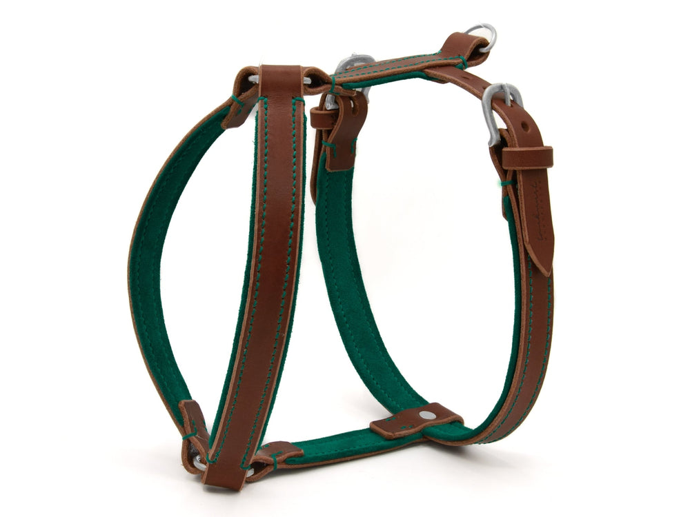 Braunes Ledergeschirr für Hunde mit grünem Innenfutter und verstellbaren Riemen aus robustem Material.