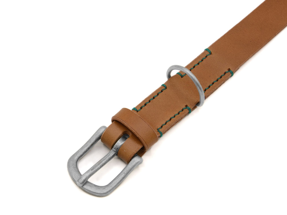 Braunes Lederhalsband "Waldgeist" mit silberner Schnalle und grüner Naht, ideal für stilvolle Hundeaccessoires.