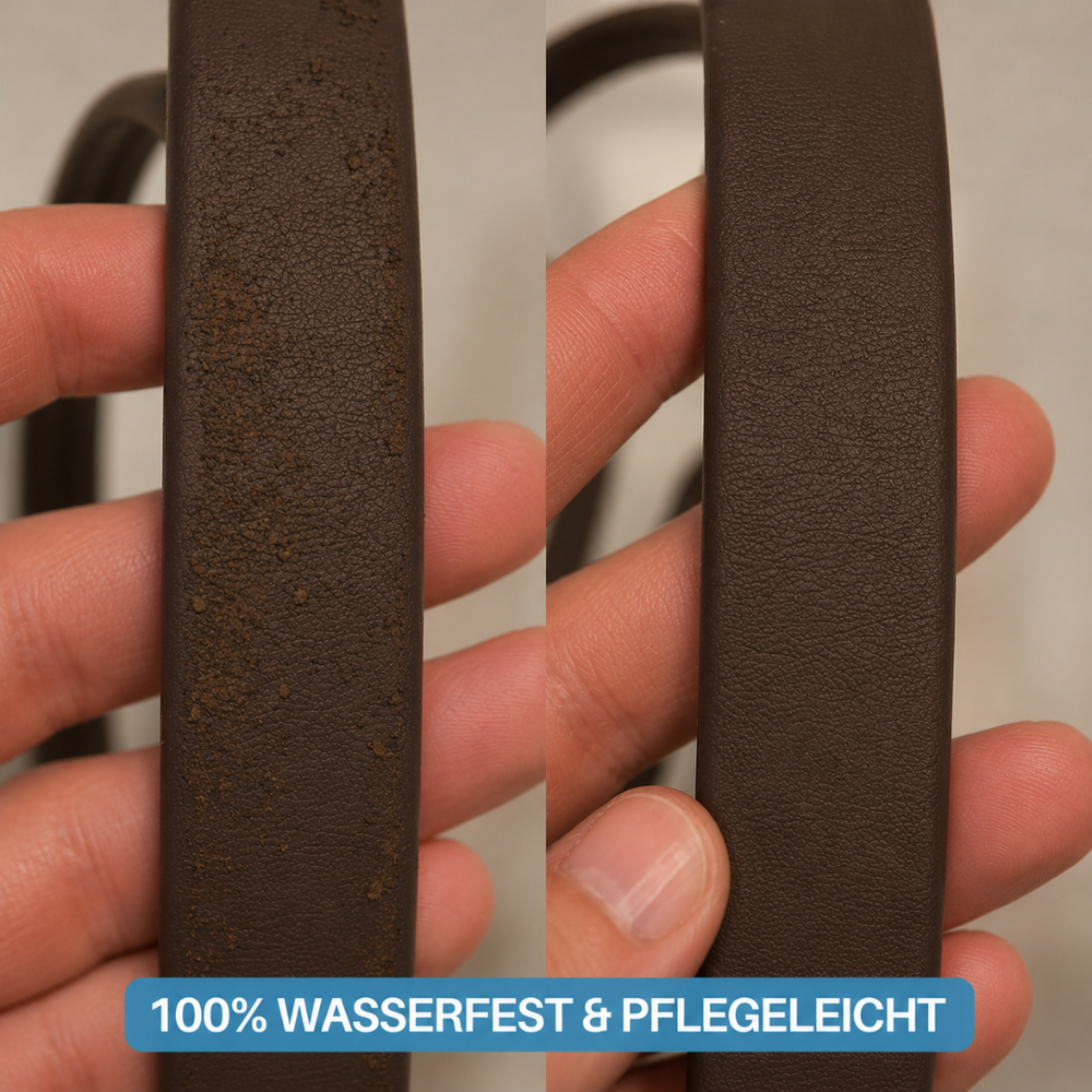 Vergleich der WOOFLEX® Classic Umhängeleine: Links verschmutzt, rechts sauber und gepflegt.
