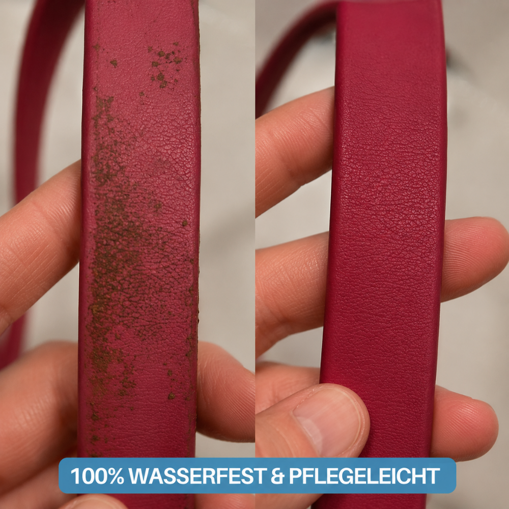 Vergleich der WOOFLEX® Classic Umhängeleine: links mit Flecken, rechts sauber und wasserdicht.