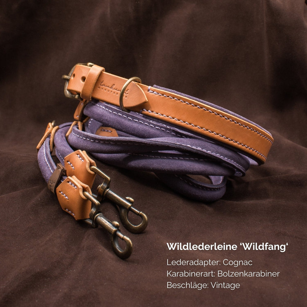 "Wildlederleine 'Wildfang' in Cognac mit Vintage-Beschlägen und Bolzenkarabinern - stilvolles Hundezubehör."