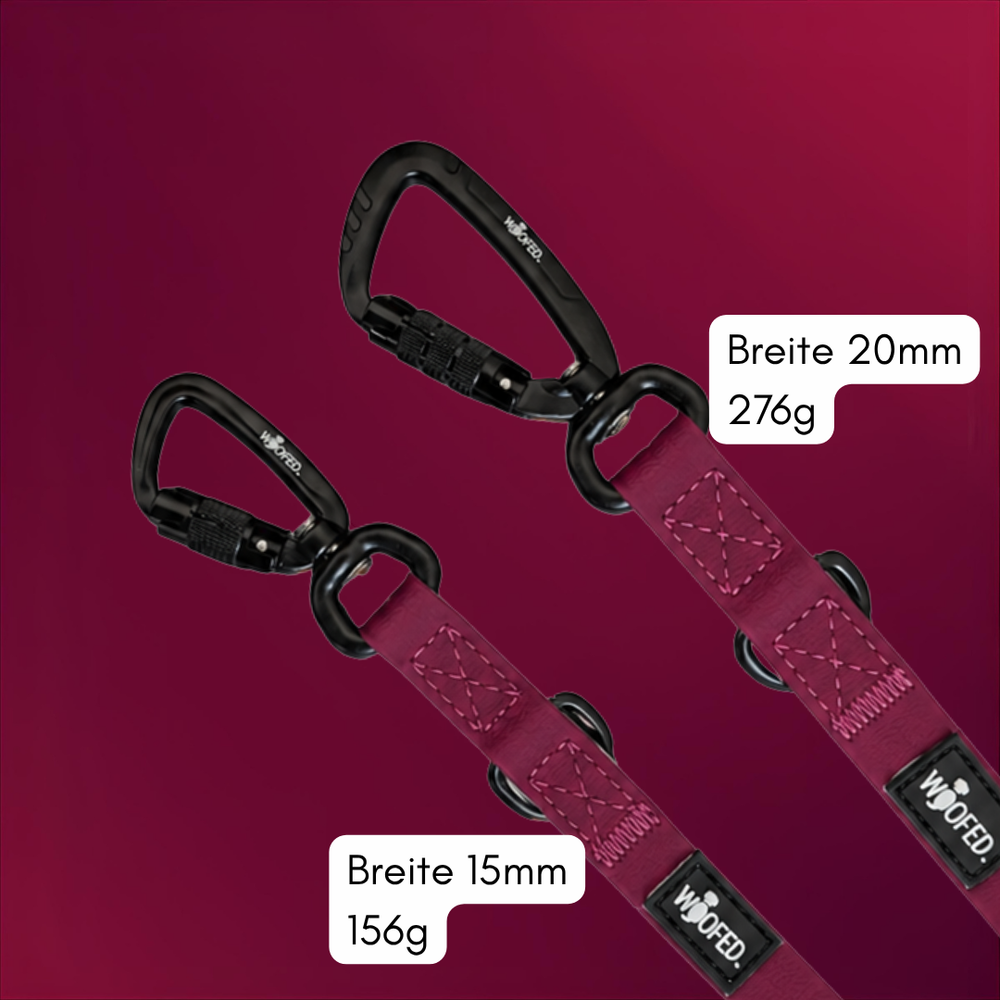 Zwei WOOFLEX® Pro Umhängeleinen in 20 mm und 15 mm Breite, ideal für Hundebesitzer.
