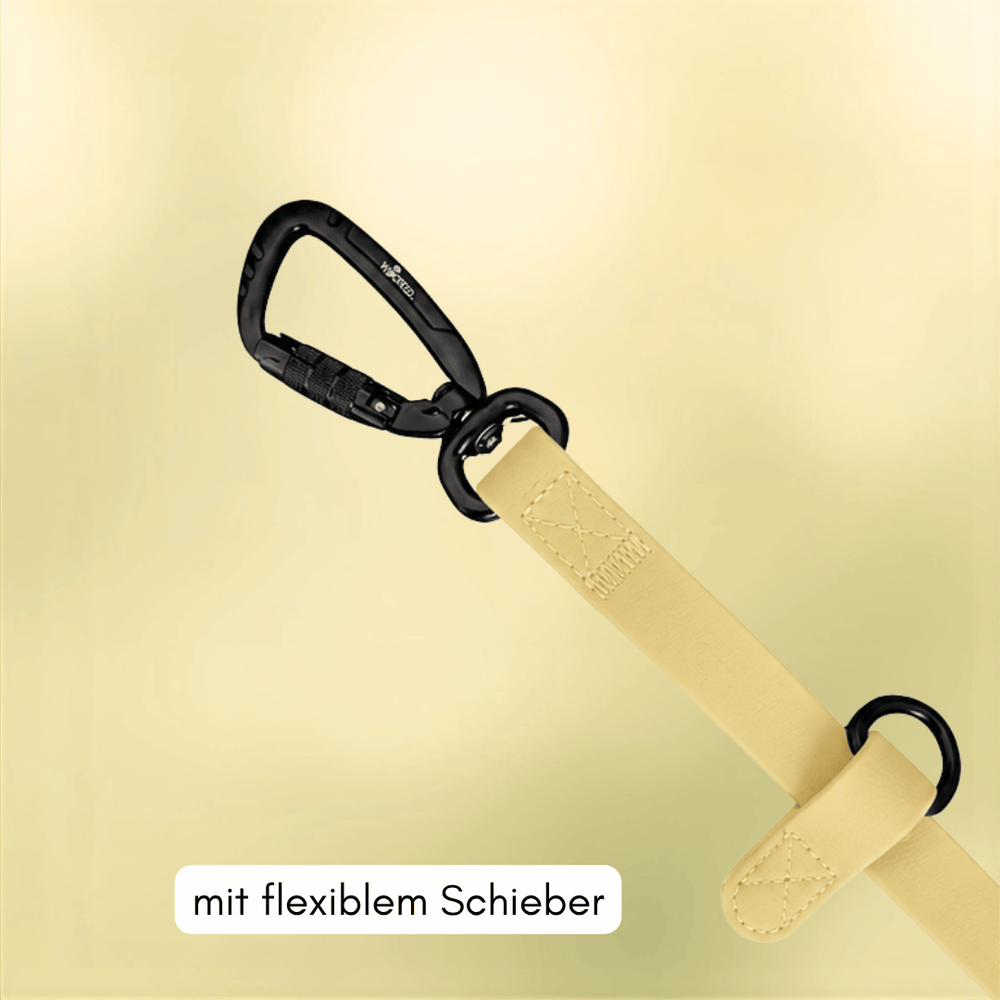 "Umhängeleine WOOFLEX® Pro in hellen Farben mit flexiblem Schieber und schwarzem Karabiner."
