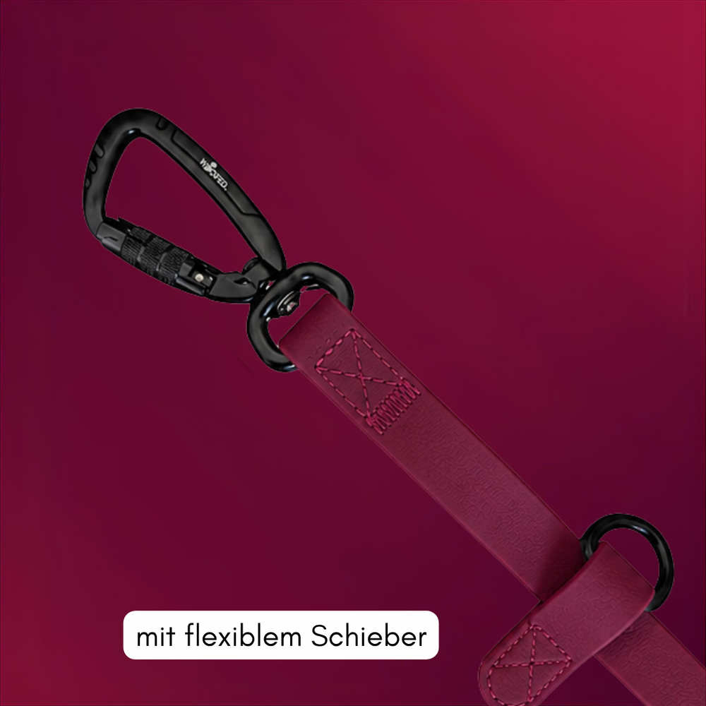 "Umhängeleine WOOFLEX® Pro in Rot mit schwarzem Karabinerhaken und flexiblem Schieber für Hunde."