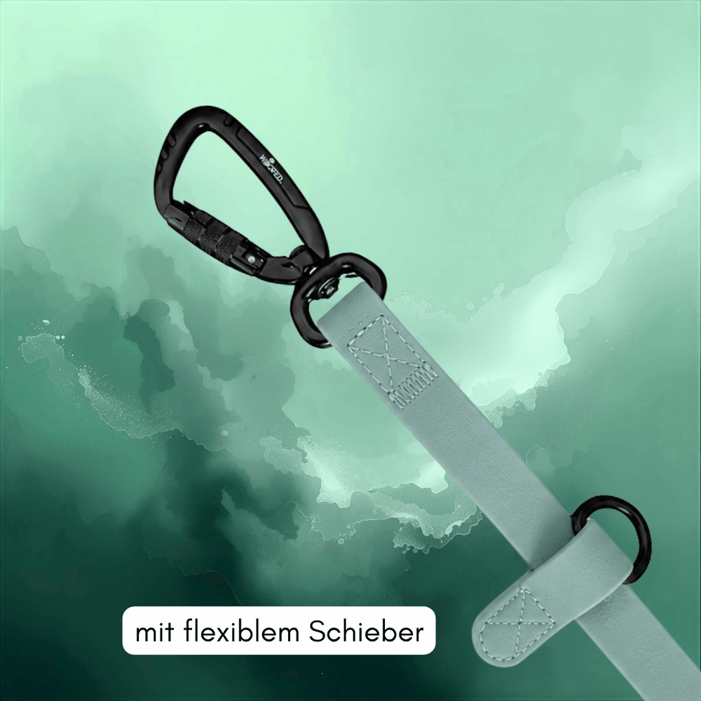 Flexible Umhängeleine WOOFLEX® Pro mit grauem Riemen und schwarzem Karabinerhaken, ideal für Hundehalter.