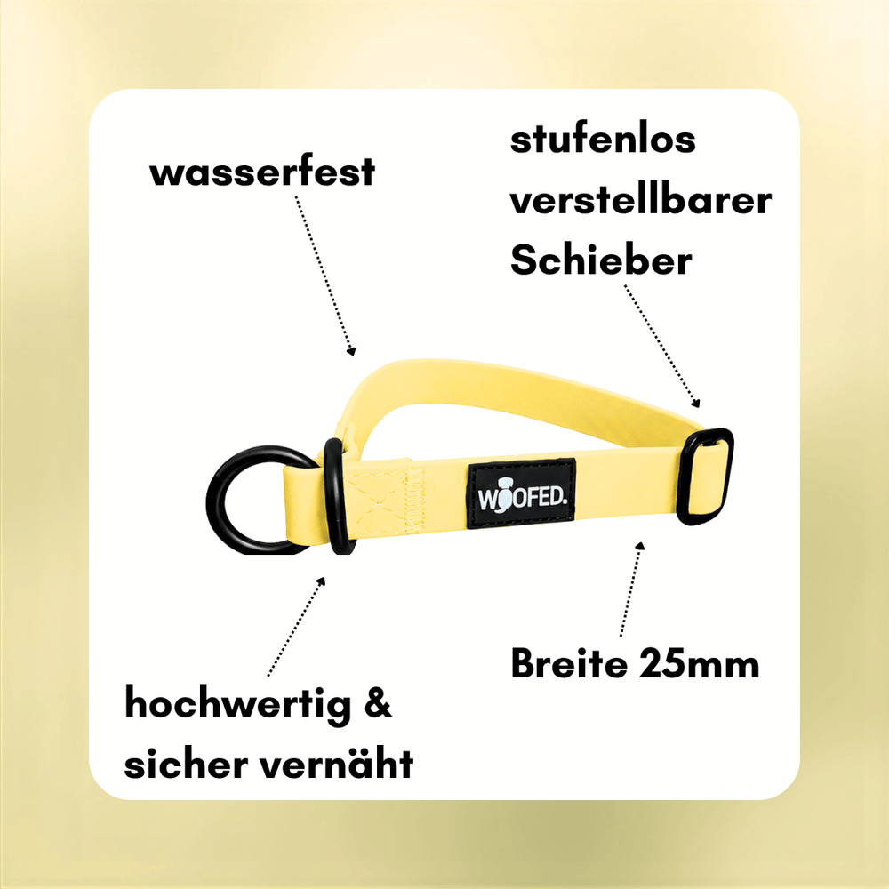 Gelbes WOOFLEX® Zugstopphalsband, 25 mm breit, wasserfest, mit stufenlos verstellbarem Schieber und sicherer Verarbeitung.