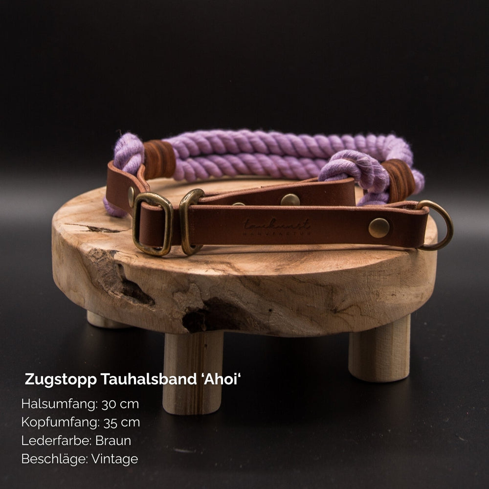 Zugstopp Tauhalsband "Ahoi" aus braunem Leder, Halsausschnitt 30 cm, Kopfumfang 35 cm für eine stilvolle Hundehaltung.