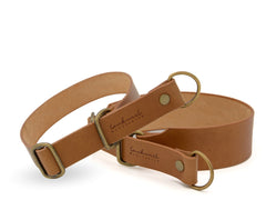 Elegante Hundehalsbänder aus braunem Leder mit Metallbeschlägen, eines schmal mit klassischer Schnalle. Ideal für stilbewusste Hundebesitzer.