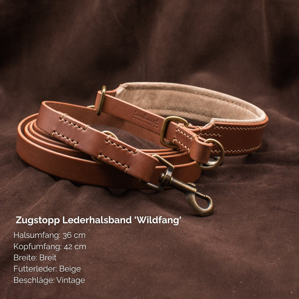 Braunes Zugstopp Lederhalsband 'Wildfang' mit beigem Futterleder und Vintage-Beschlägen für Hunde.
