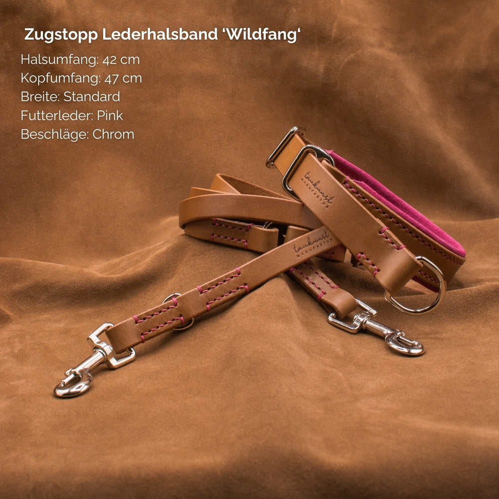 Zugstop-Geschirr "Wildfang" aus cognacfarbenem Leder mit pinkem Futter für Hunde. Schick und praktisch.