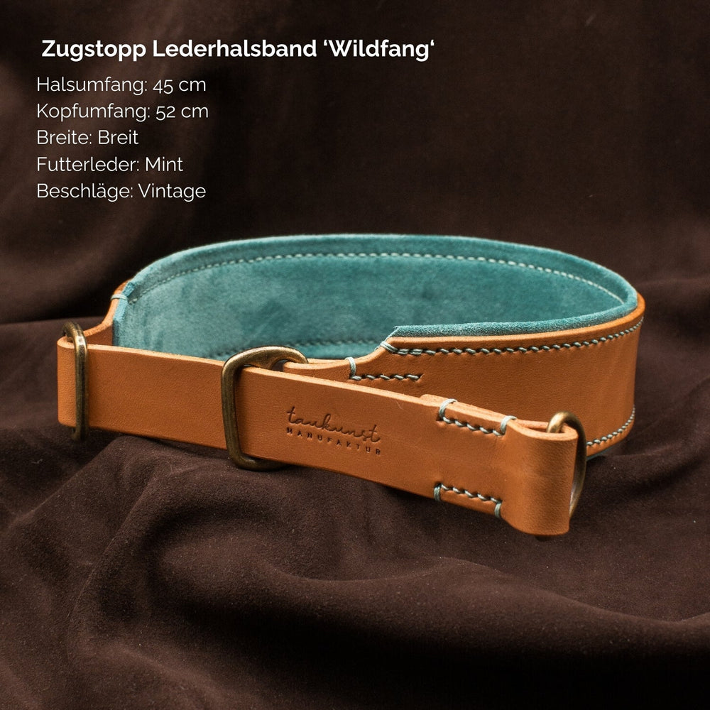 Zugstopp Lederhalsband "Wildfang" in braun, 45 cm Halsumfang, 52 cm Kopfumfang, 3,5 cm Breite, robust und stylisch.