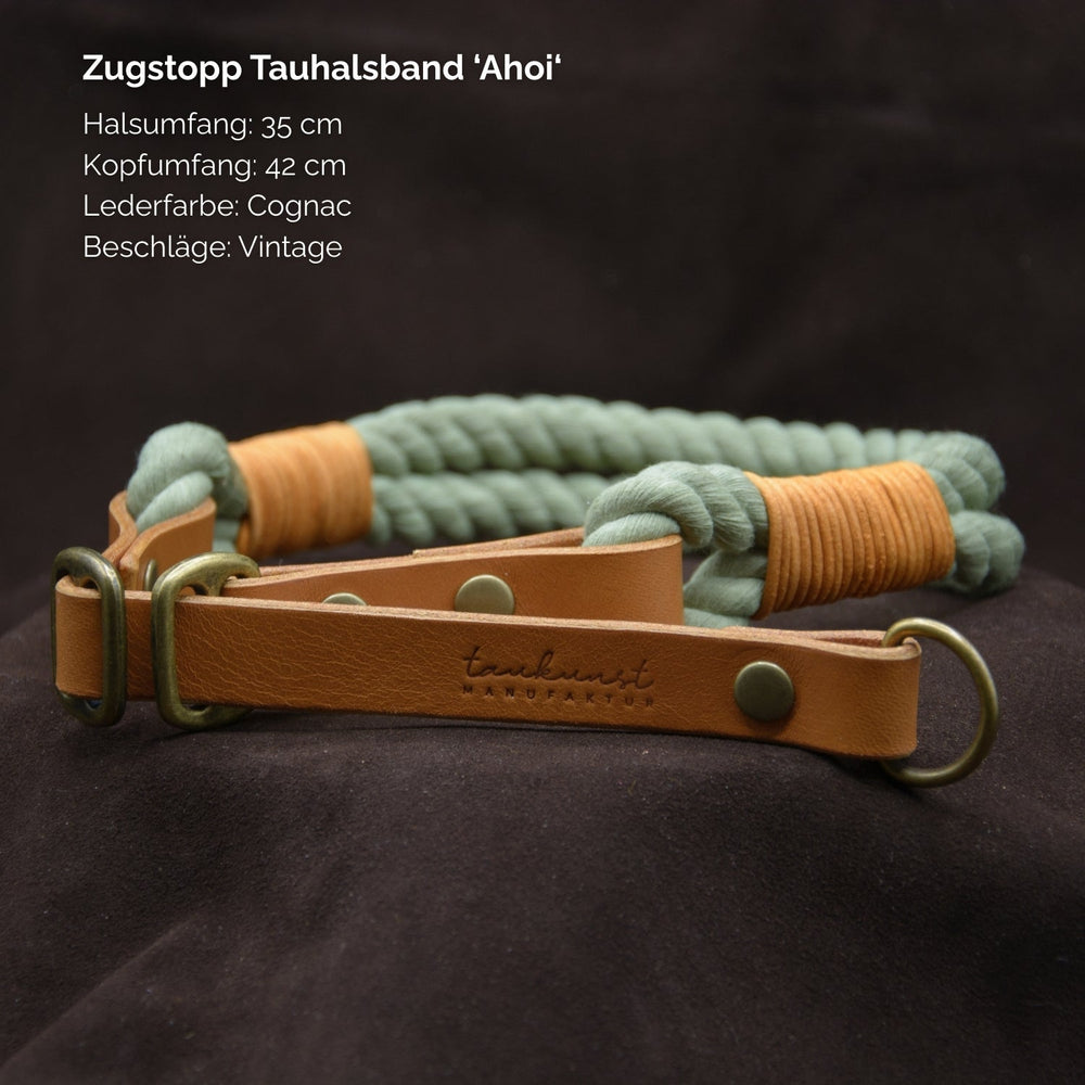 Zugstopp Tauhalsband „Ahoi“ in Grün, mit 35 cm Halsumfang und 42 cm Kopfumfang für Hunde.