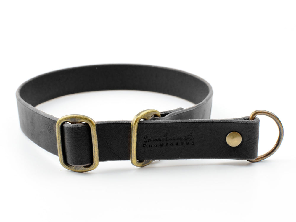 Schmaler, schwarzer Lederriemen mit goldenen D-Ringen und knopfartigem Verschluss für Haustiere.