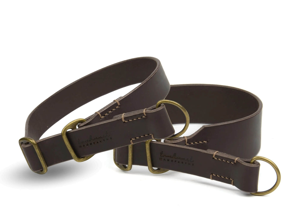 Braunes Lederhalsband mit goldfarbenen Ringen – robustes und elegantes Design für deinen Haustierfreund.