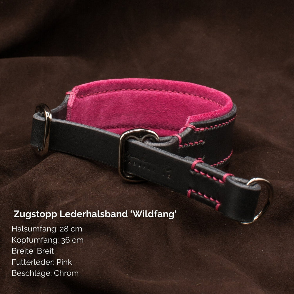 Schwarzes Zugstop Lederhalsband "Wildfang" mit 28 cm Halsumfang und breitem Design für optimalen Halt.