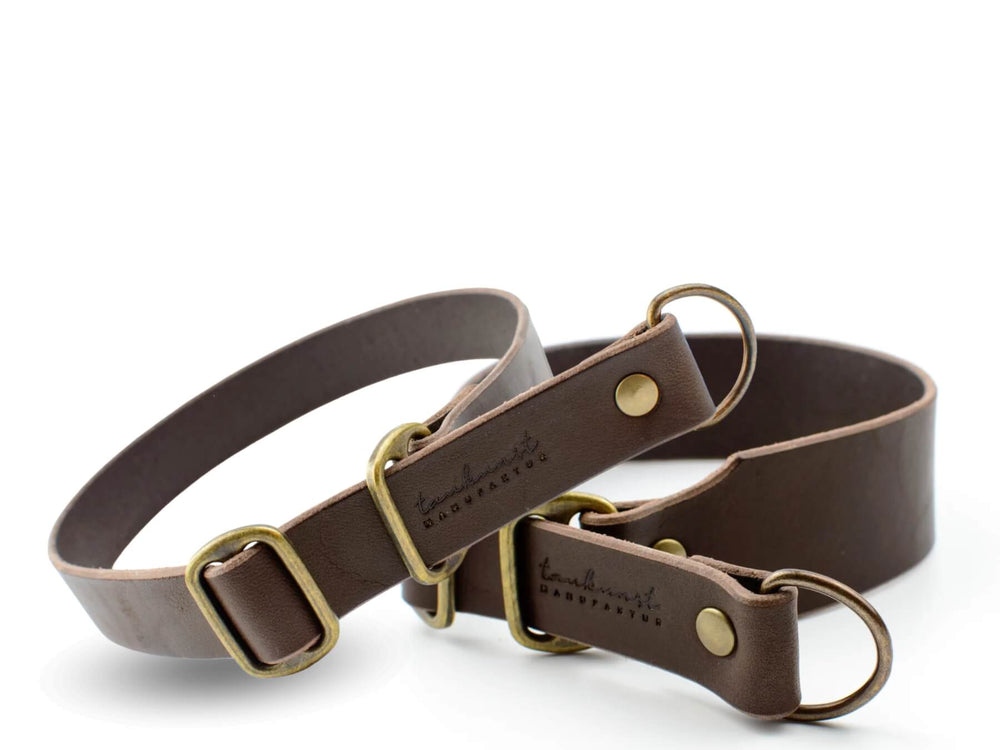 Zwei braune Lederhundeleinen mit goldfarbenen Schnallen und Ringen, eine länger und dünner, die andere kürzer und dicker.